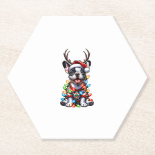 Funny French Bulldog Christmas Light Santa Hat Rei Paper Coaster