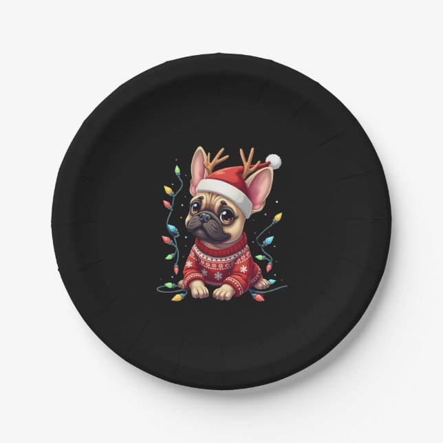 Funny French Bulldog Christmas Light Santa Hat Rei Paper Plate (Front)