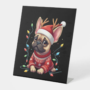 Funny French Bulldog Christmas Light Santa Hat Rei Pedestal Sign