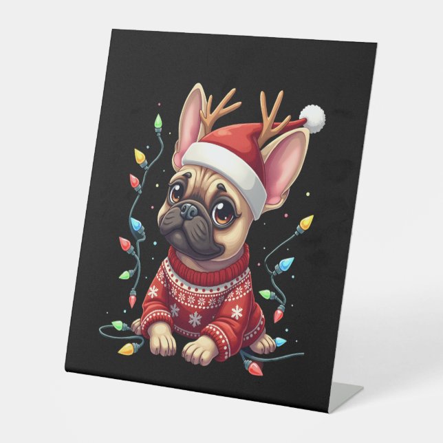 Funny French Bulldog Christmas Light Santa Hat Rei Pedestal Sign (Front)