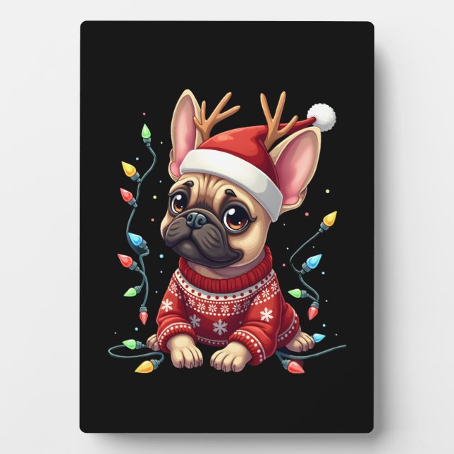 Funny French Bulldog Christmas Light Santa Hat Rei Plaque (Front)