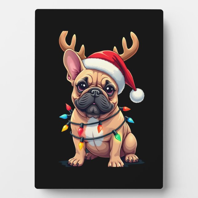 Funny French Bulldog Christmas Light Santa Hat Rei Plaque (Front)