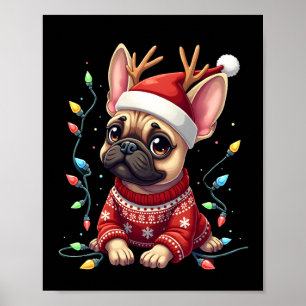 Funny French Bulldog Christmas Light Santa Hat Rei Poster