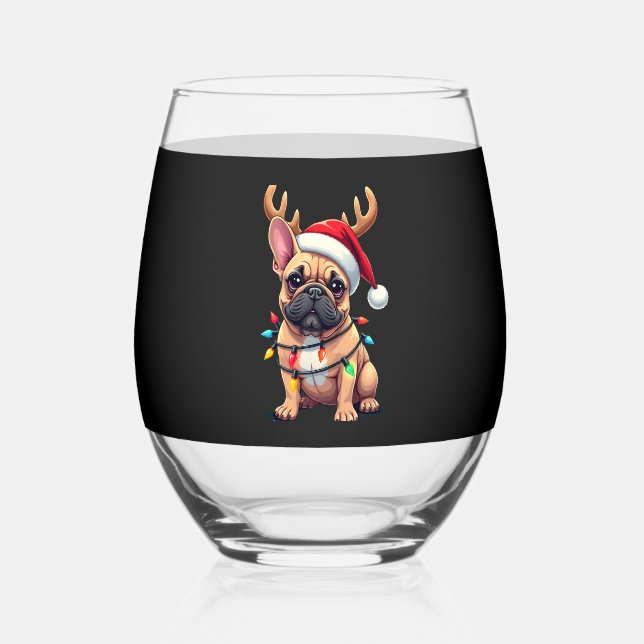 Funny French Bulldog Christmas Light Santa Hat Rei Stemless Wine Glass (Front)