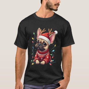 Funny French Bulldog Christmas Light Santa Hat Rei T-Shirt
