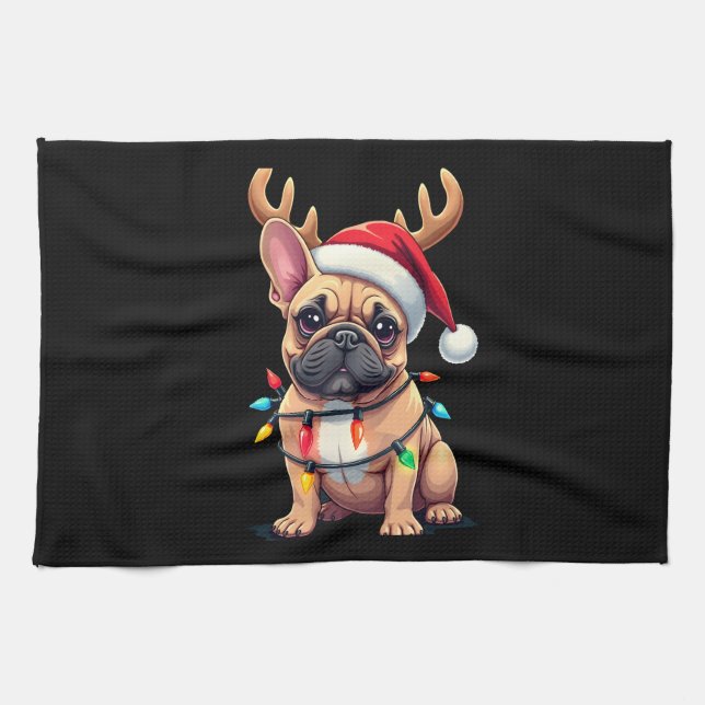 Funny French Bulldog Christmas Light Santa Hat Rei Tea Towel (Horizontal)