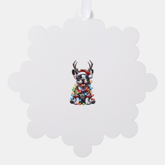Funny French Bulldog Christmas Light Santa Hat Rei Tree Decoration Card (Front)