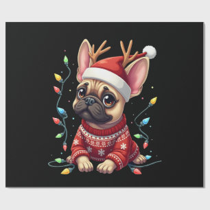 Funny French Bulldog Christmas Light Santa Hat Rei Wrapping Paper