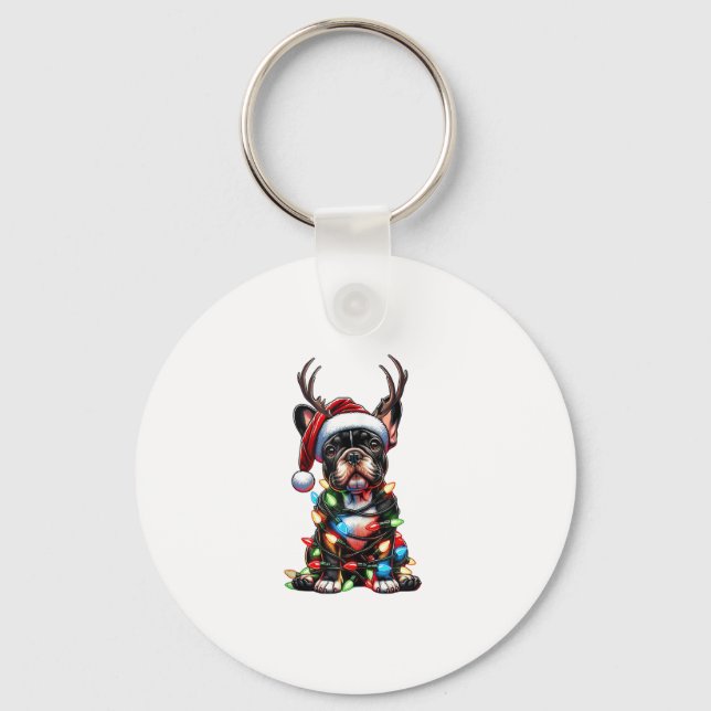 Funny French Bulldog Christmas Santa Hat Light Rei Key Ring (Front)
