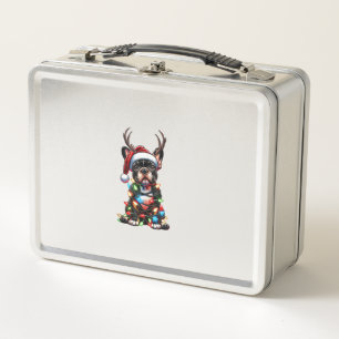 Funny French Bulldog Christmas Santa Hat Light Rei Metal Lunch Box