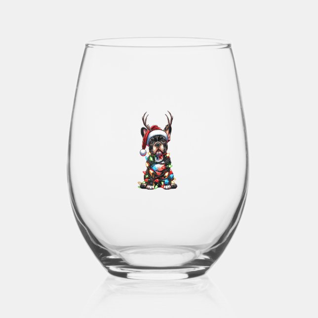 Funny French Bulldog Christmas Santa Hat Light Rei Stemless Wine Glass (Front)
