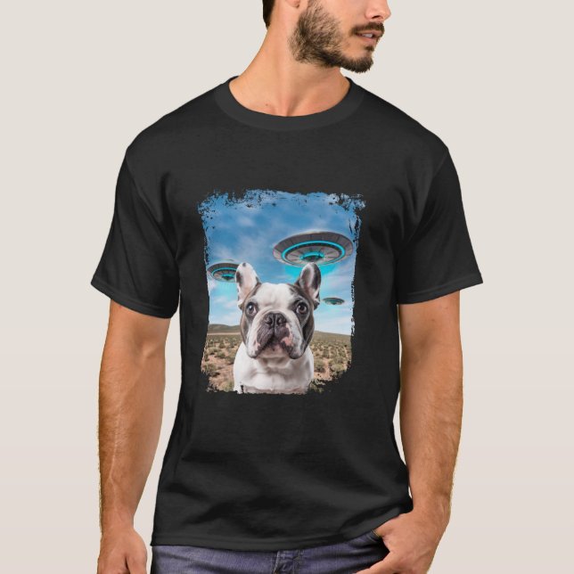 Funny French Bulldog Dog Selfie with Alien UFOs T-Shirt (Front)