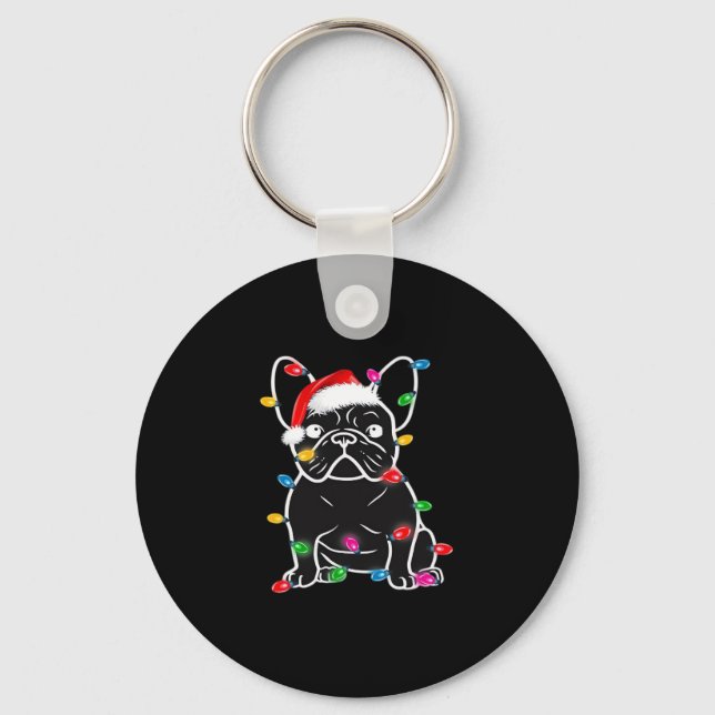 Funny French Bulldog Dog Tree Christmas Lights Xma Key Ring (Front)