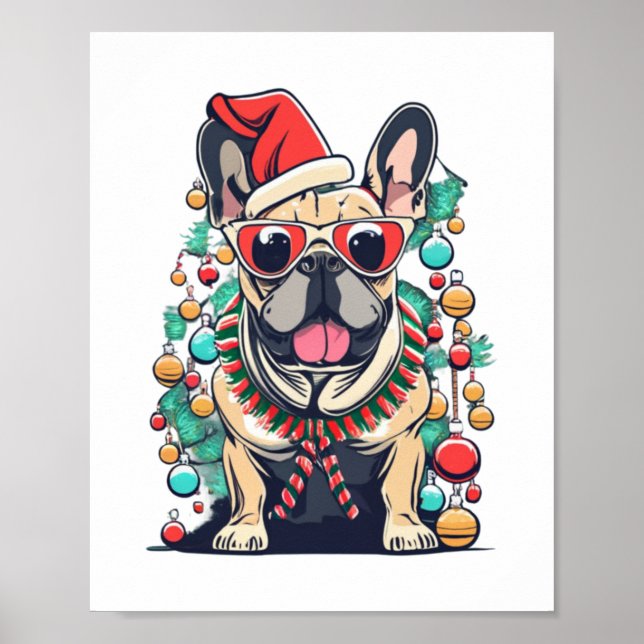 Funny French Bulldog Dog Tree Christmas Lights Xma Poster (Front)