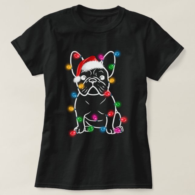 Funny French Bulldog Dog Tree Christmas Lights Xma T-Shirt (Design Front)