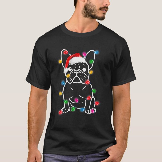 Funny French Bulldog Dog Tree Christmas Lights Xma T-Shirt (Front)