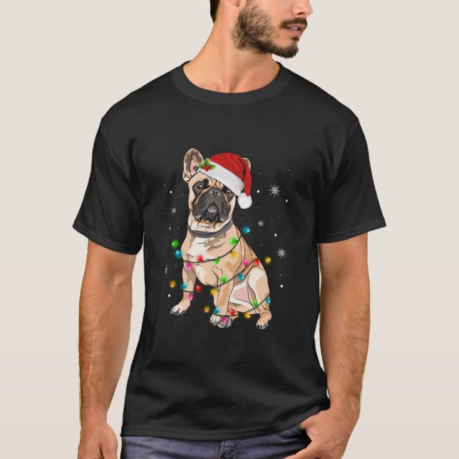 Funny French Bulldog Dog Tree Christmas Lights Xma T-Shirt (Front)