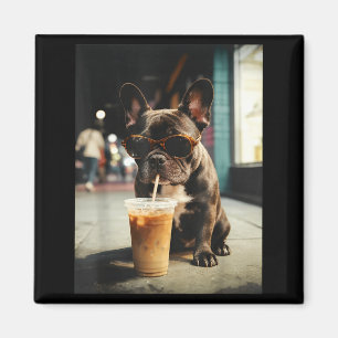Funny french bulldog drinking iced coffee cool dog magnet