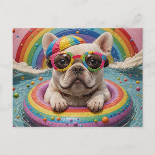Funny French Bulldog Floating Colourful Postcard