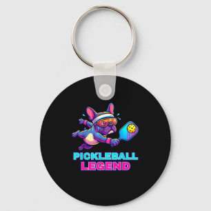 Funny french bulldog playing pickleball court key ring