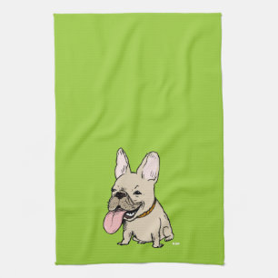 Funny French Bulldog with Huge Tongue Sticking Out Tea Towel