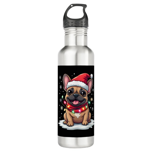 Funny French Bulldogs Christmas Santa Hat Lights S 710 Ml Water Bottle (Front)