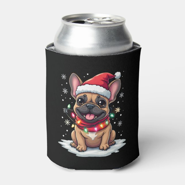 Funny French Bulldogs Christmas Santa Hat Lights S Can Cooler (Can Front)