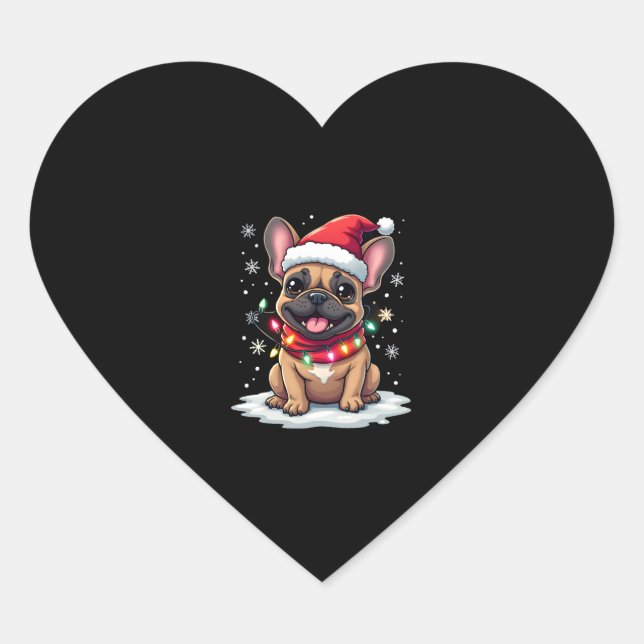 Funny French Bulldogs Christmas Santa Hat Lights S Heart Sticker (Front)