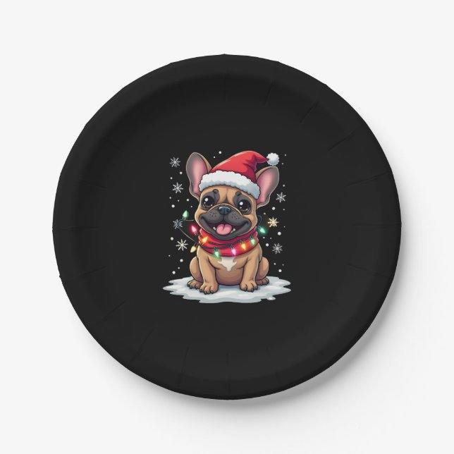 Funny French Bulldogs Christmas Santa Hat Lights S Paper Plate (Front)