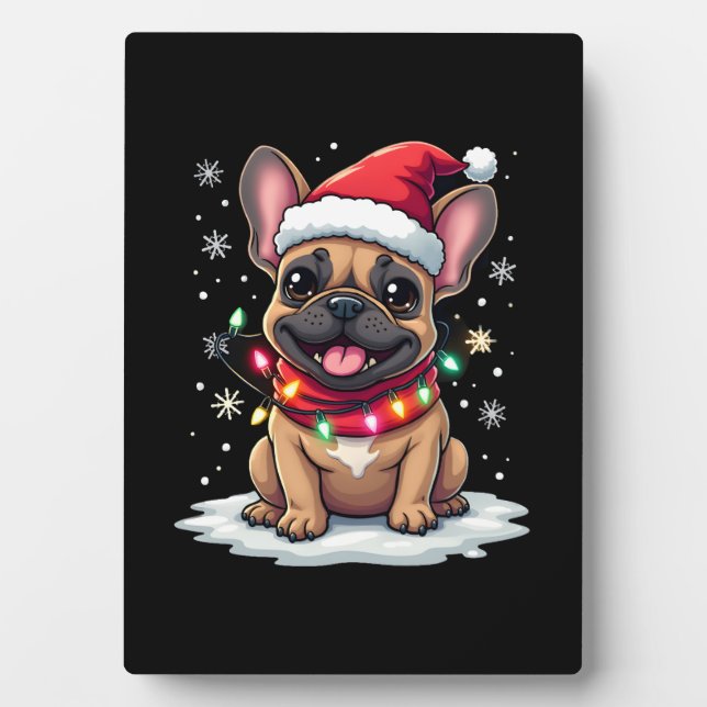 Funny French Bulldogs Christmas Santa Hat Lights S Plaque (Front)