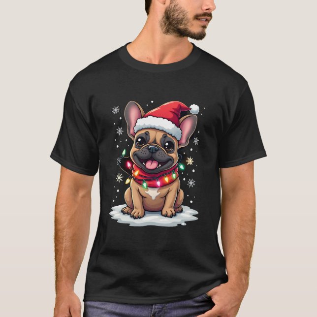Funny French Bulldogs Christmas Santa Hat Lights S T-Shirt (Front)