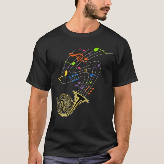 Funny French Horn Rainbow Music Notes Gift T-Shirt (Front)