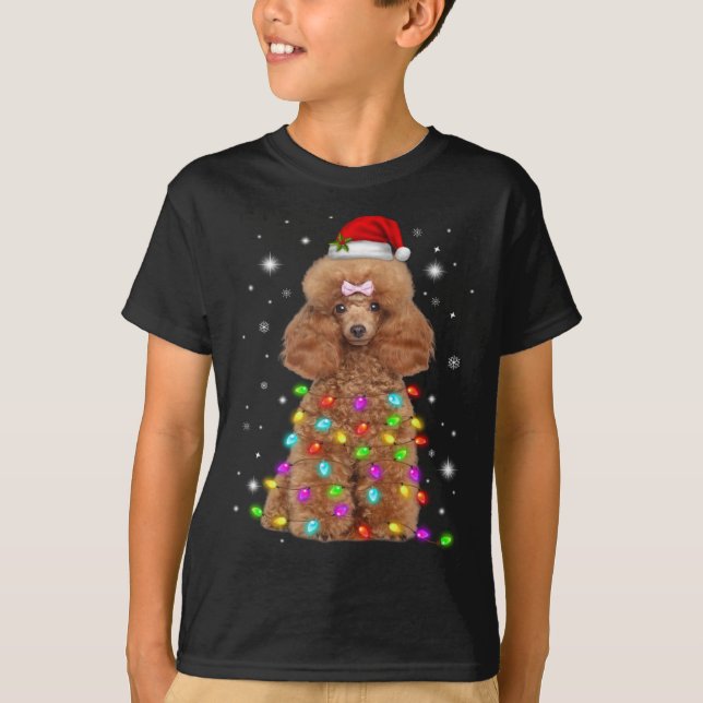 Funny French Poodle Dog Santa Hat Christmas Lights T-Shirt (Front)