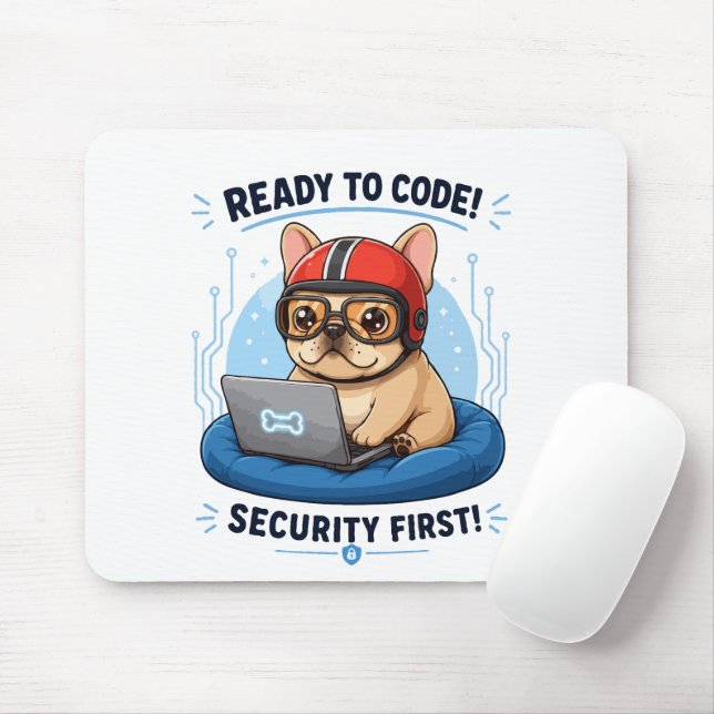 Funny Frenchie Coder Cybersecurity Dog Sticker Mouse Mat (With Mouse)