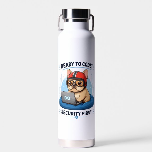 Funny Frenchie Coder Cybersecurity Dog Sticker Water Bottle (Front)
