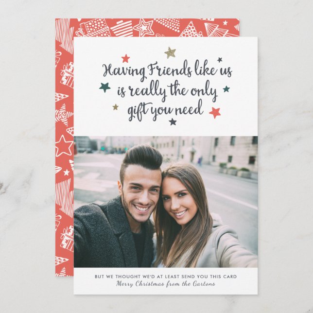 Funny Friends Modern Christmas Photo White Holiday Card (Front/Back)