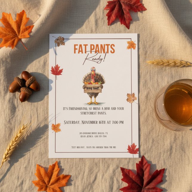 Funny Friendsgiving Invitation Fat Pants Ready (Funny friendsgiving invitation with fat pants ready turkey illustration and fall colors)