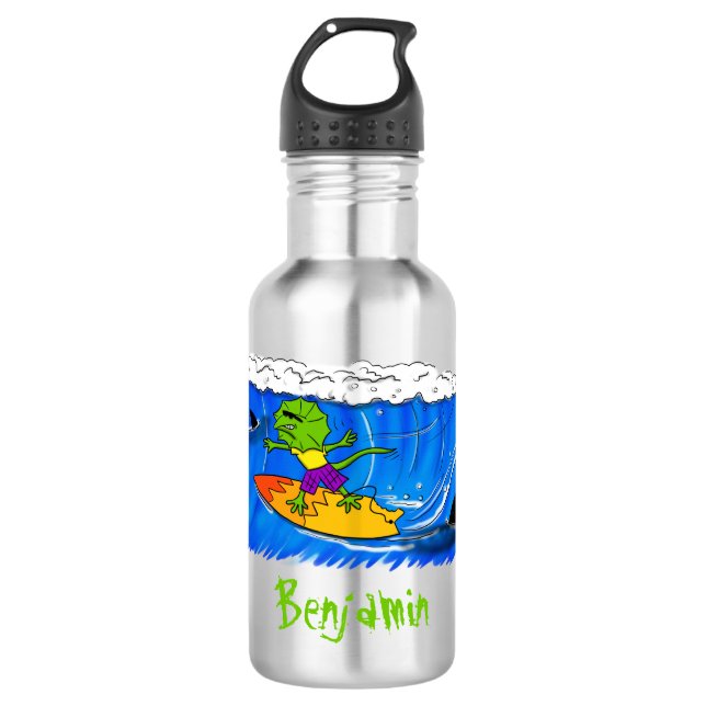 Funny frilled neck lizard surfing cartoon 532 ml water bottle (Front)