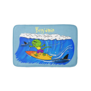 Funny frilled neck lizard surfing cartoon bath mat