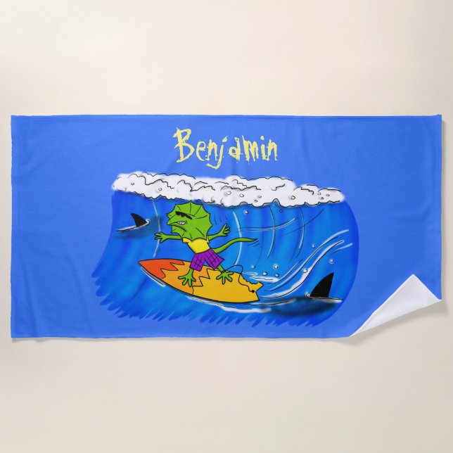 Funny frilled neck lizard surfing cartoon beach towel (Front)