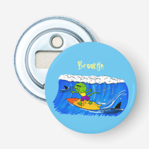 Funny frilled neck lizard surfing cartoon bottle opener