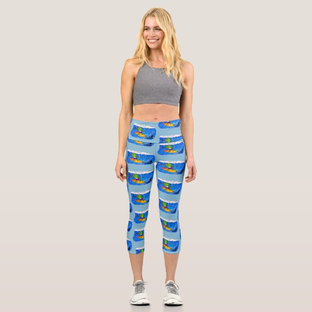 Funny frilled neck lizard surfing cartoon capri leggings (Front)