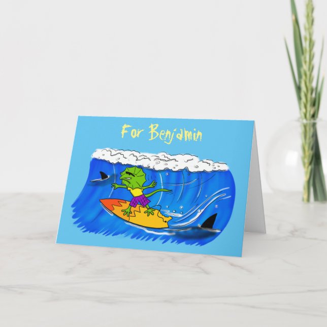 Funny frilled neck lizard surfing cartoon card (Front)