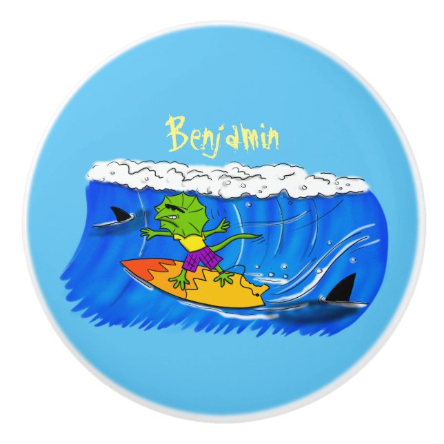 Funny frilled neck lizard surfing cartoon ceramic knob (Front)