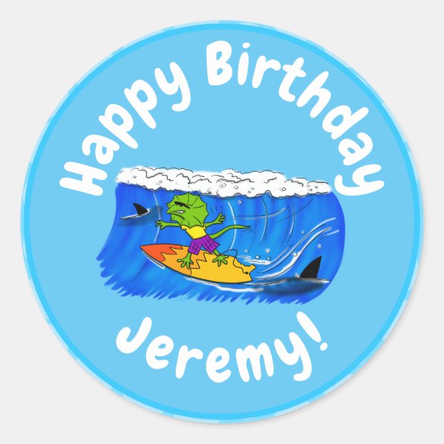 Funny frilled neck lizard surfing cartoon classic round sticker (Front)