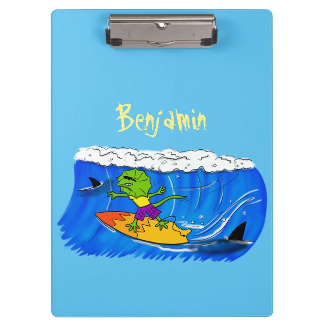 Funny frilled neck lizard surfing cartoon clipboard (Front)