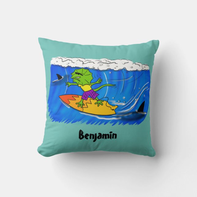 Funny frilled neck lizard surfing cartoon cushion (Front)