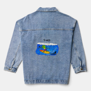 Funny frilled neck lizard surfing cartoon denim jacket