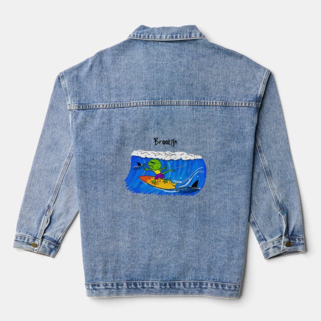 Funny frilled neck lizard surfing cartoon denim jacket (Back)