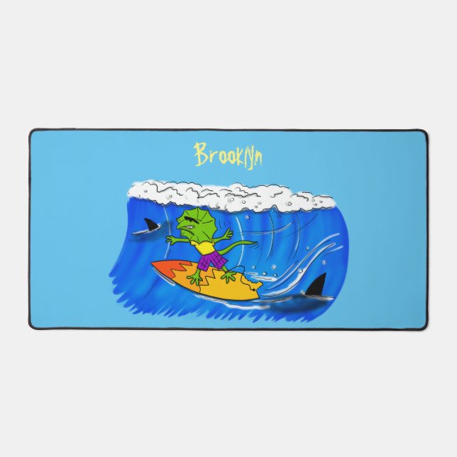 Funny frilled neck lizard surfing cartoon desk mat (Front)